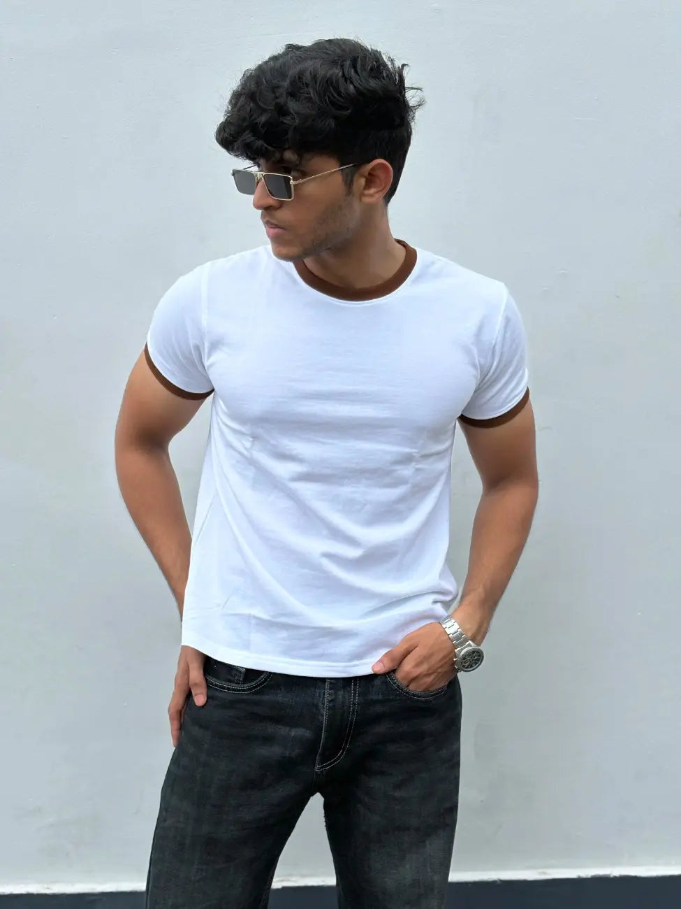 RINGER TEES -  WHITE/BROWN
