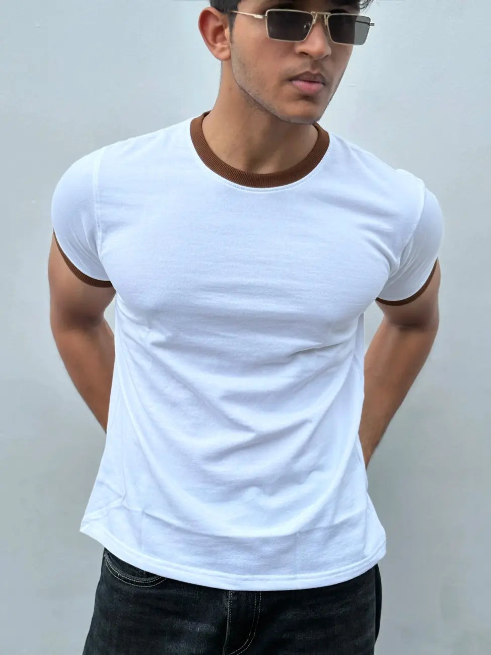 RINGER TEES -  WHITE/BROWN