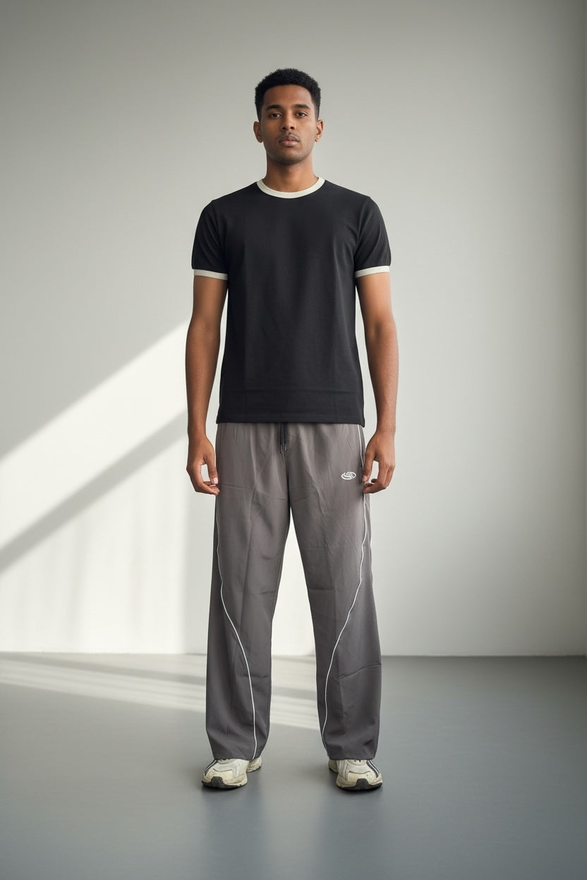 LOOSE FIT PIPING TRACK PANTS-MOUSE GREY